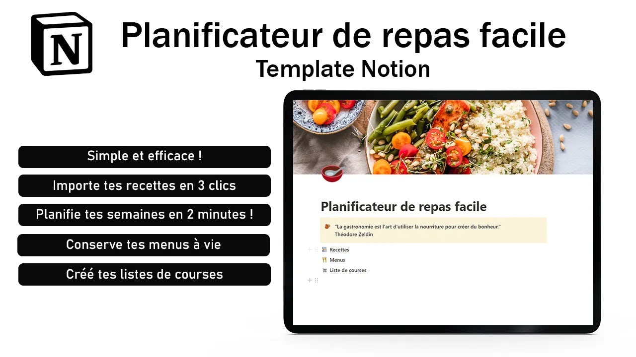 Template Notion planificateur de repas et recettes - simple et efficace !